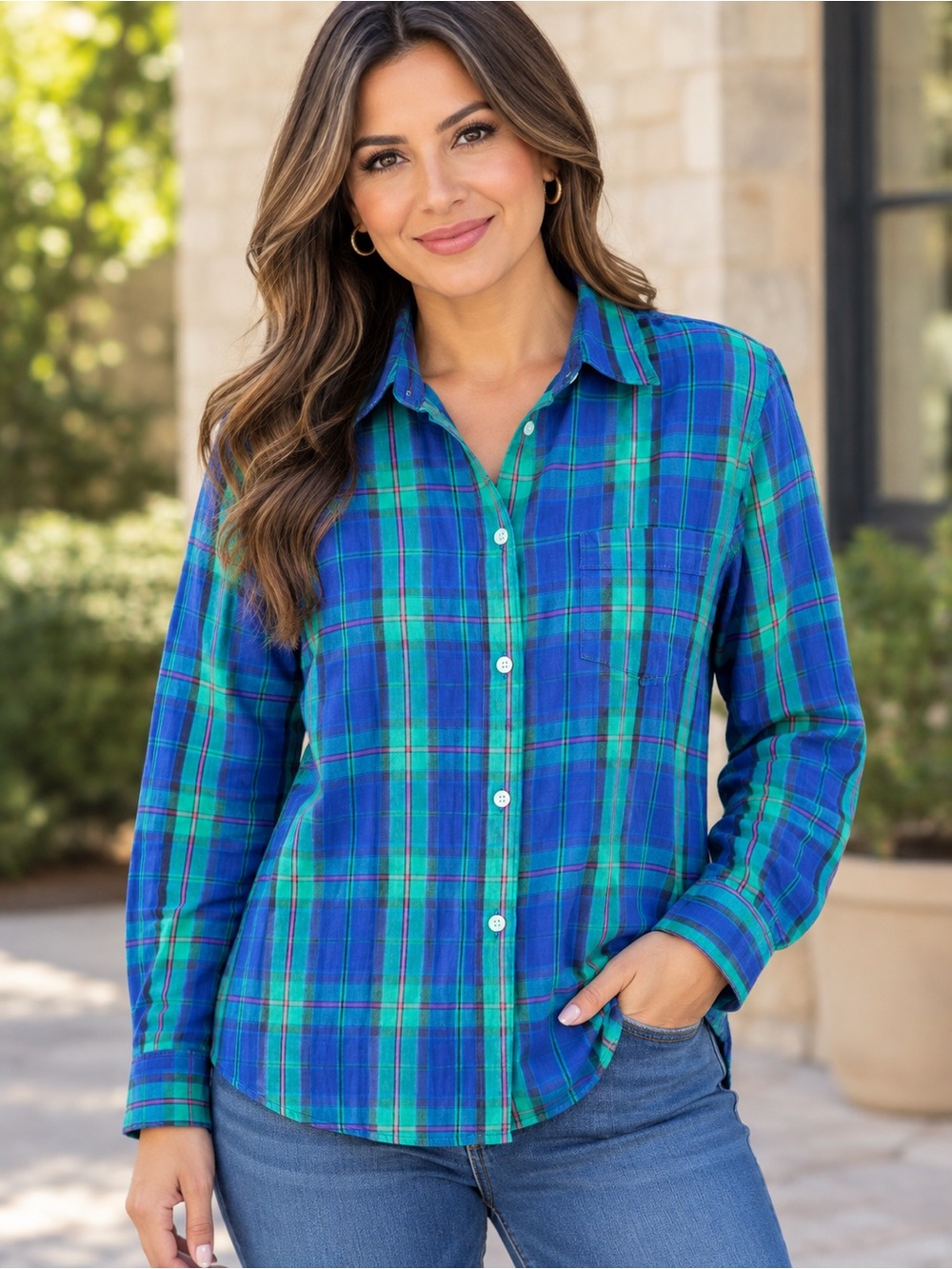 J. Crew navy green plaid Button Front Blouse Size Medium NWT